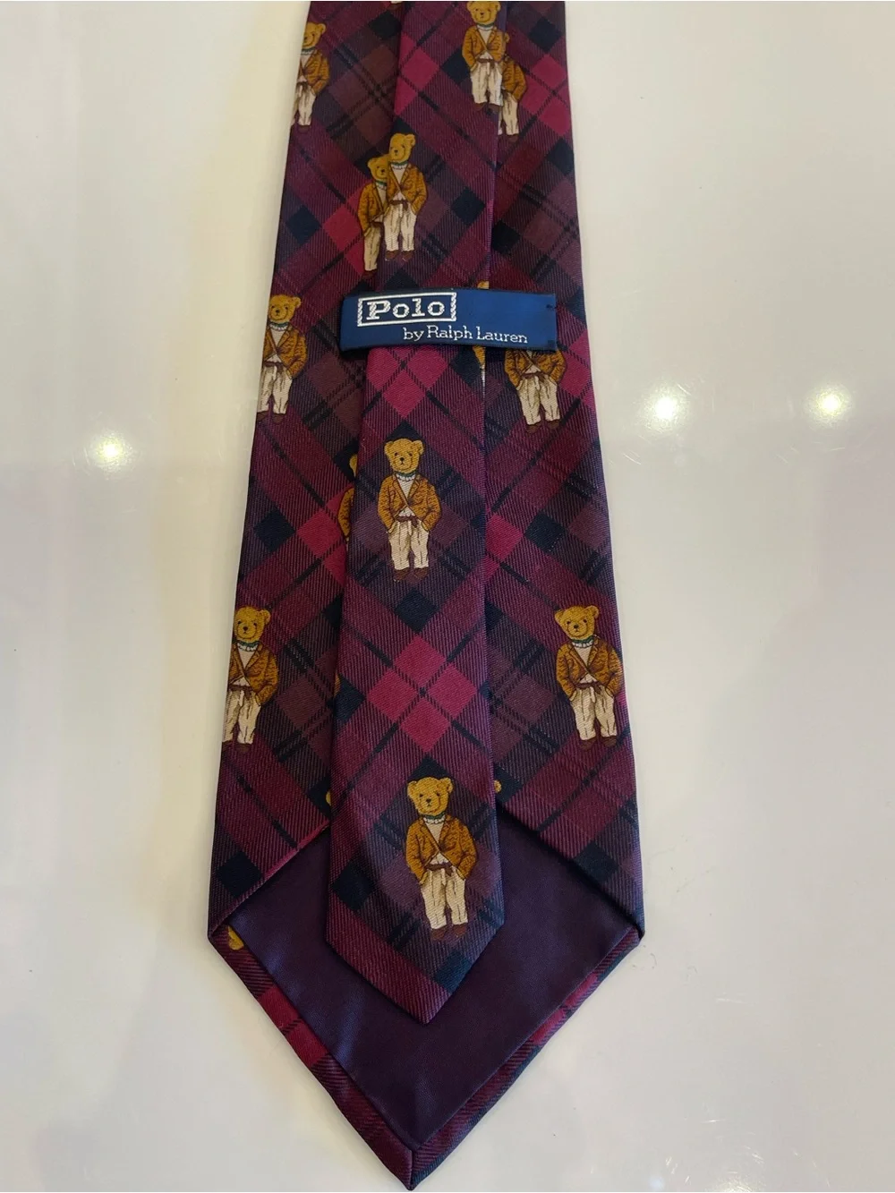 Vtg Polo Ralph Lauren Polo Bear Silk Tie Plaid Burgundy Purple Blazer Rare